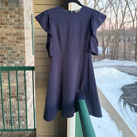 🆕 AQUA Navy Blue Flutter Sleeve Fit & Flare Dress XS Stretchy Short Sleeve Midi - Picture 3 of 15